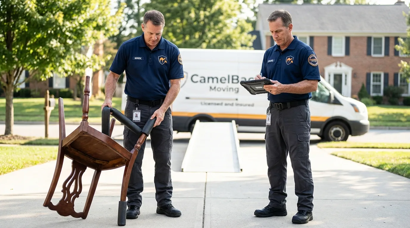 Movers inspecting furniture for damage prevention before loading in Golden Valley, AZ