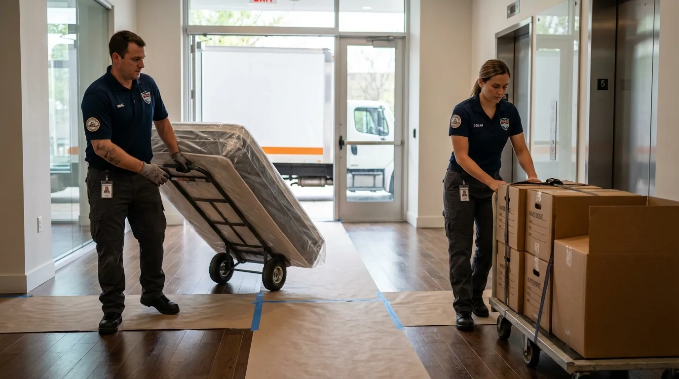 Professional apartment movers loading elevator in Golden Valley, AZ