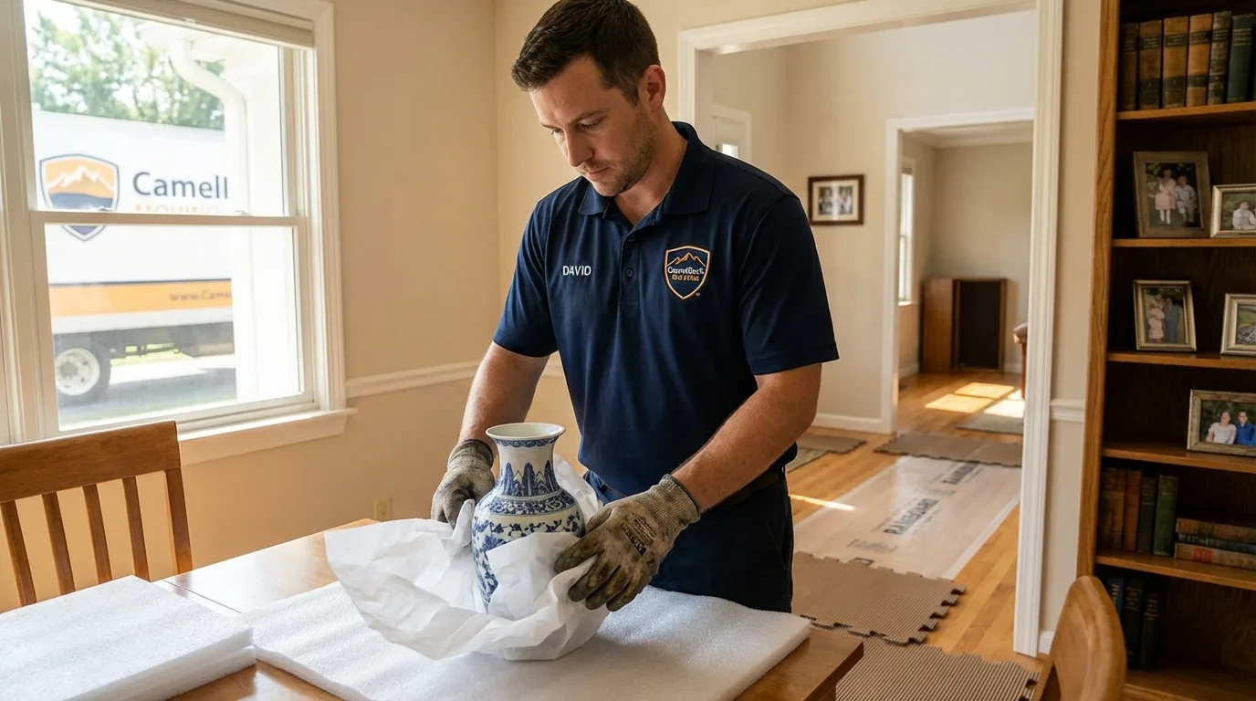 Professional crew carefully wrapping antique vase for senior downsizing move in Golden Valley, AZ